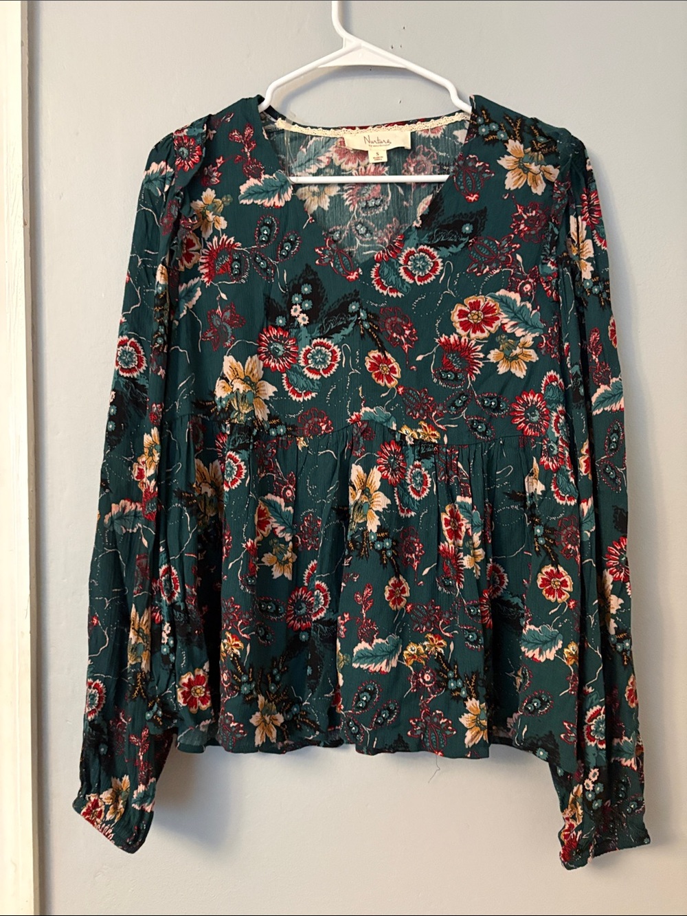 Westbound Teal Floral Peplum Blouse with Red and Cream Accents